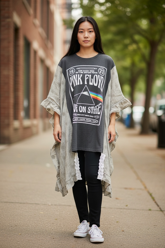 Pink Floyd Upcycled Rockstar Fairytale Ruffled Kimono One Size Fits a Large to 3X Oversized!