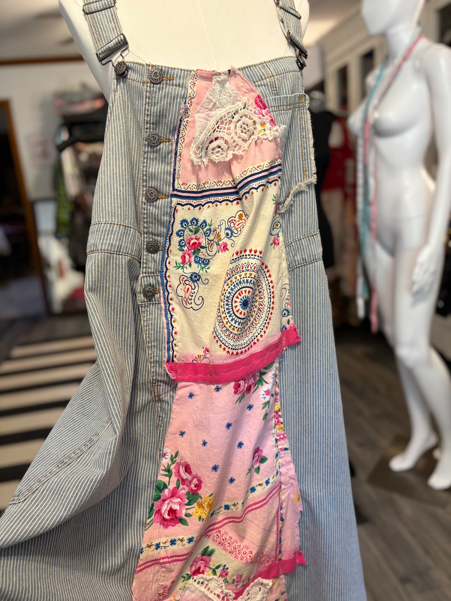 Rose Garden Upcycled Patchwork Overall Dress One Size Fits a Small to XXL
