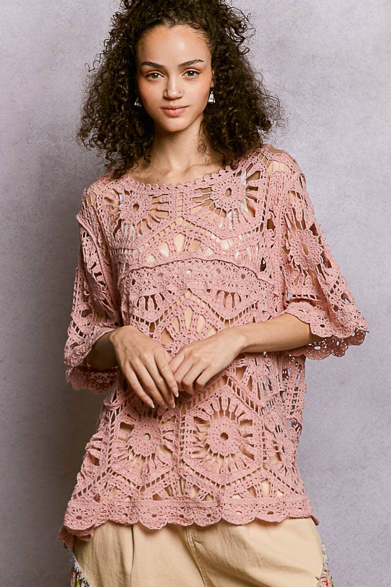 Round Neck Weaving Pattern Crochet half sleeve Top: OLIVE / One Size Fits Small to XXL
