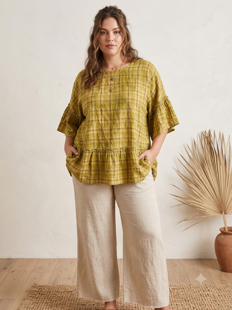 Green Plaid Ruffle Top 1X