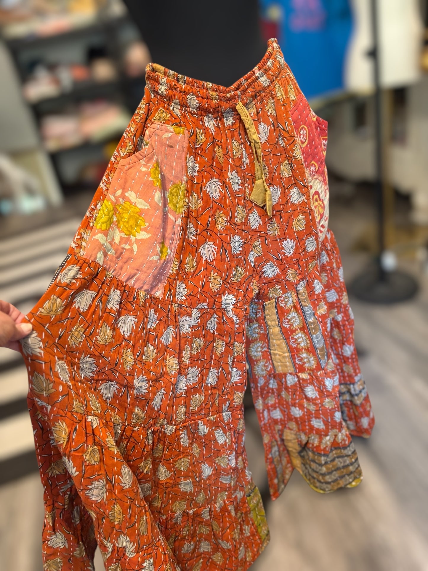 Emily Kantha Flowy Tiered Reversible Palazzo Pant with Pockets: One Size Fits Size 6-16