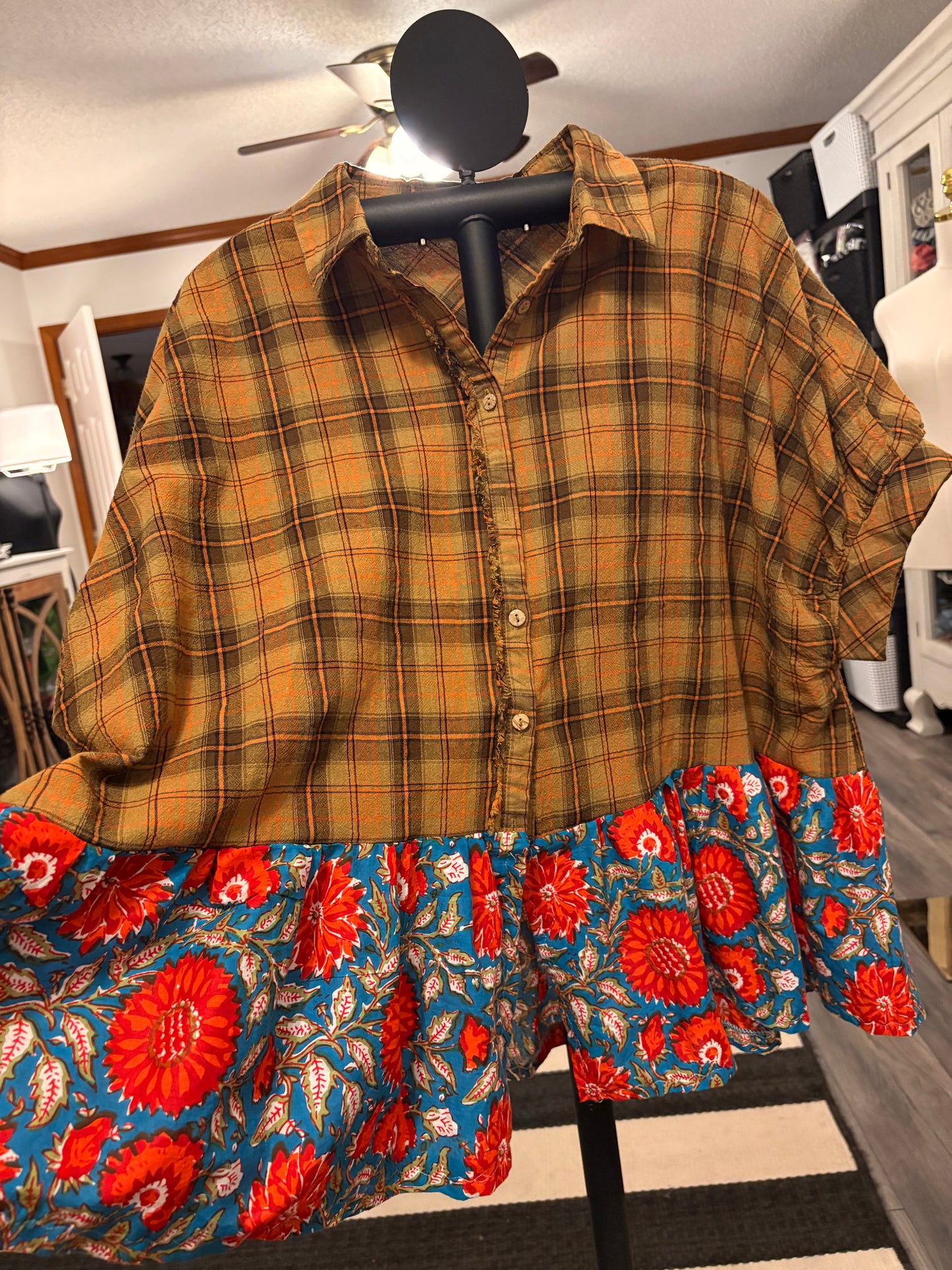 Olivia Upcycled Oversized Frayed Plaid Top One Size Fits a Small to XXL