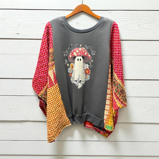 Mushroom Ghost Vintage Kantha Poncho Sweatshirt Fits A Size Small to XXL