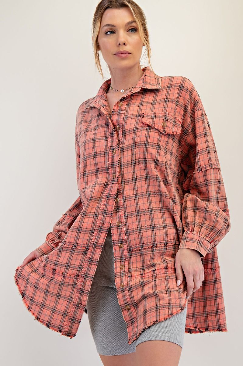 Coral Plaid Frayed Long Flannel