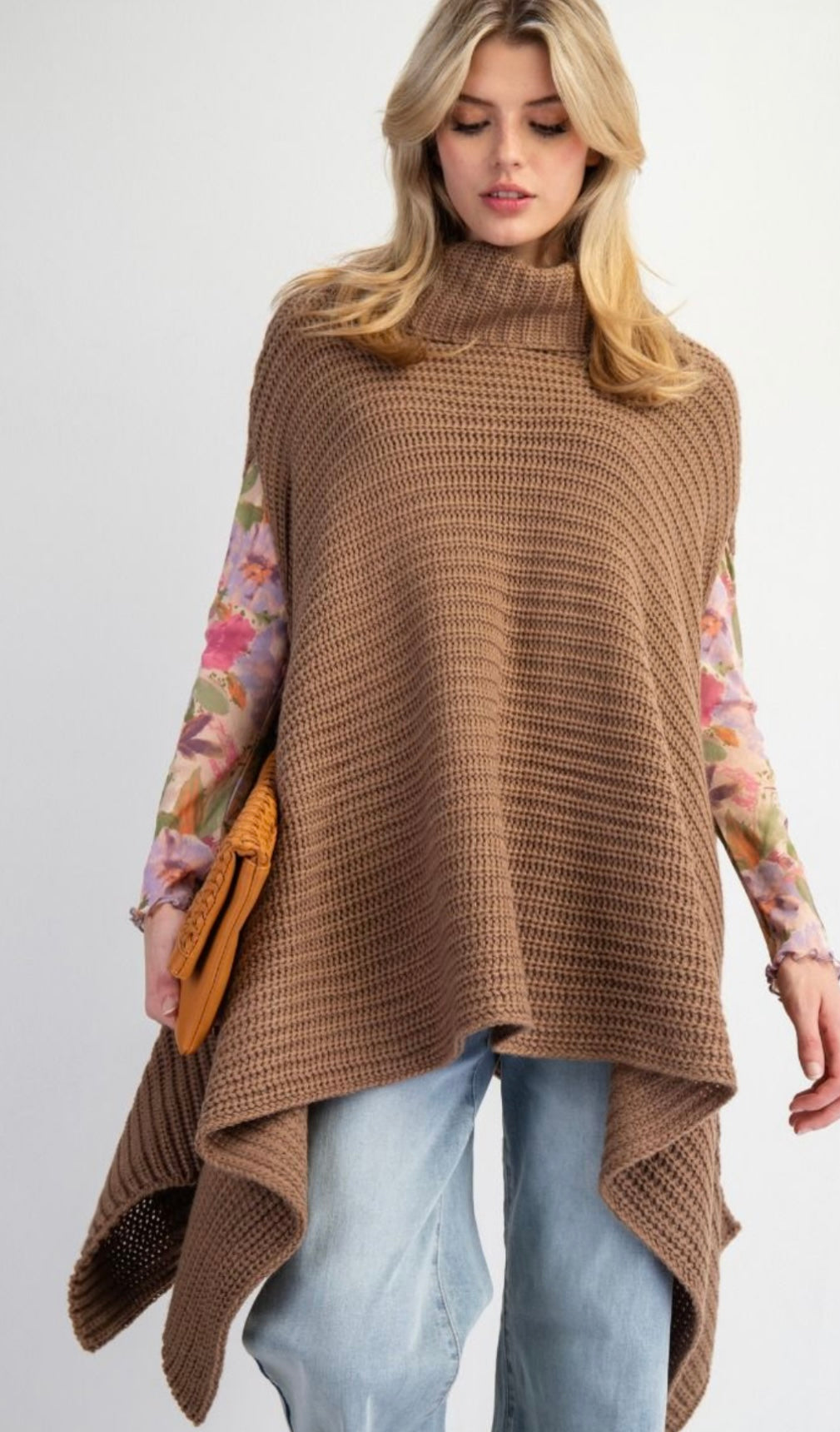 Camel Knit Turtleneck Poncho