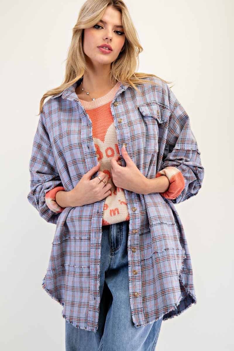 Blue Plaid Frayed Long Flannel Plus Size