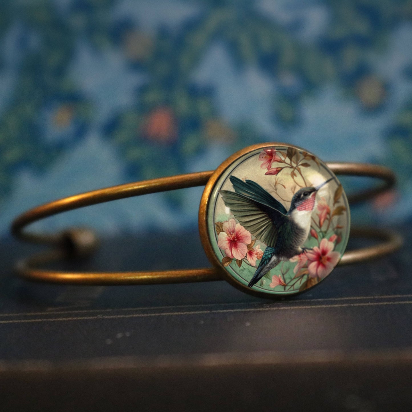 Hummingbird Art Nouveau Glass Cabochon Cuff Bracelet