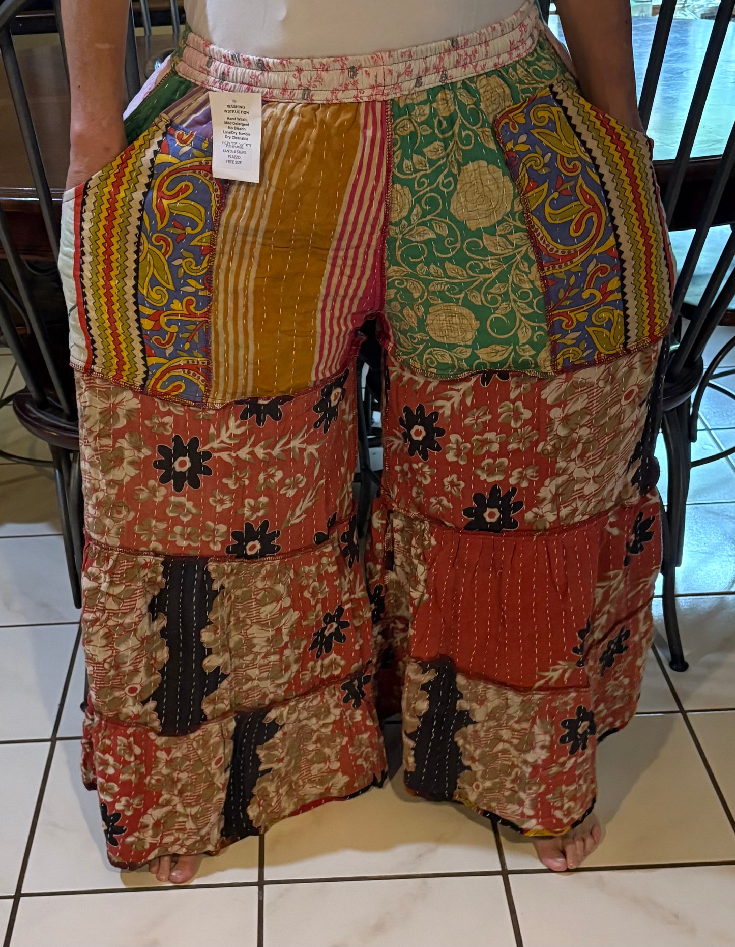 Kantha Flowy Tiered Reversible Palazzo Pant with Pockets: One Size Fits Size 6-16
