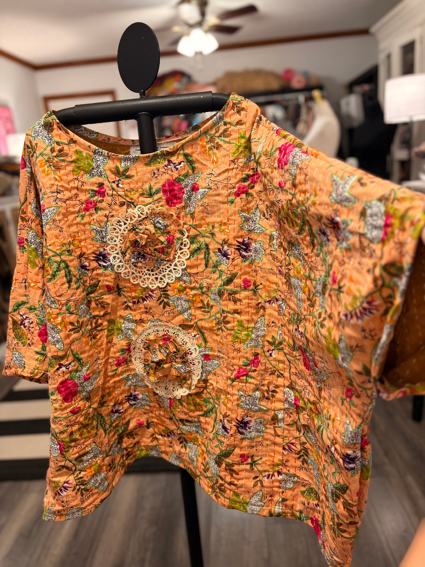Meredith Cabbage Rose and Crochet Kantha Top One Size Fits a Small to 3X