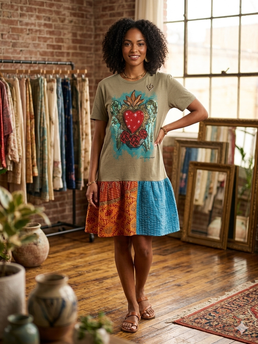 Sacred Heart Upcycled Vintage Kantha Tee Dress Fits a Small to 2X