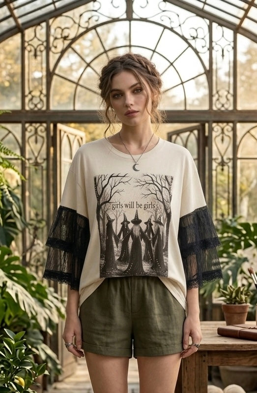 Girls Will Be Girls Rhinstone Tee with Chiffon Sleeves.. One Size Fits a Small to Large