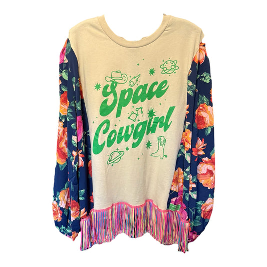 Space Cowgirl Upcycled Drop-Sleeve Tee  with Fringe One Size Fits a Small to XXL