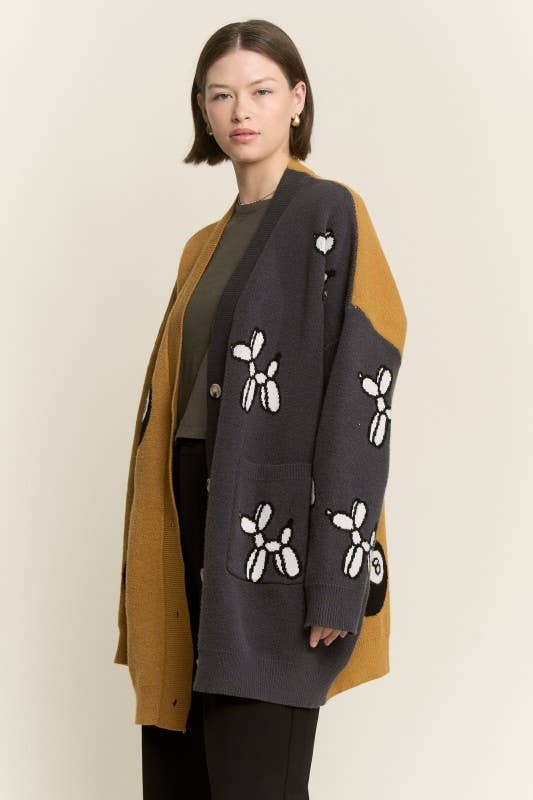 BALLOON DOG & 8BALL OVERSIZE CARDIGAN: MOCHA/CHARCOAL
