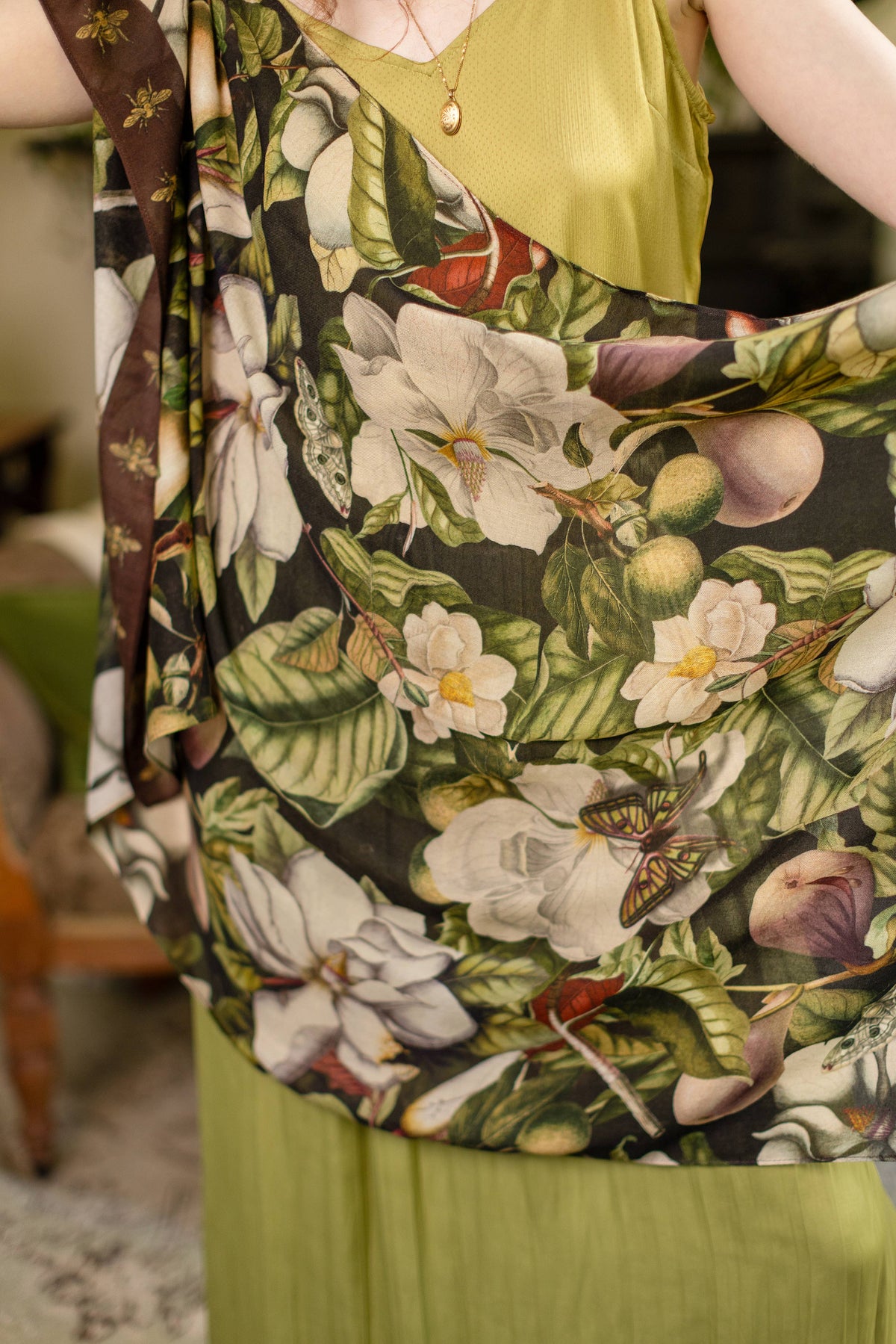Fleur De Lune Scarf with Magnolia Print & Bees
