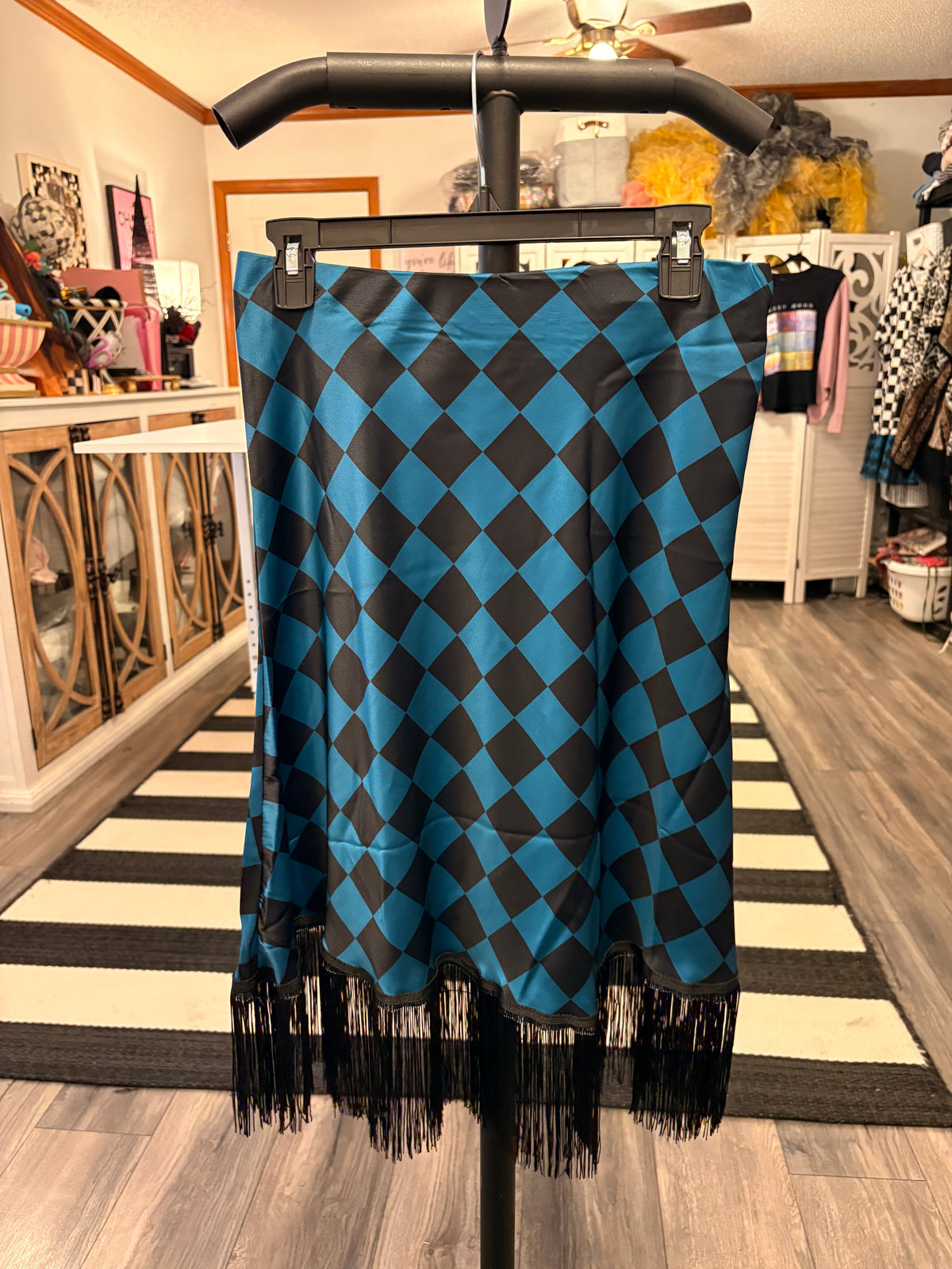 Sapphire and Black Checkerboard and Fringe Glam Skirt One Size Fits a Small/Medium