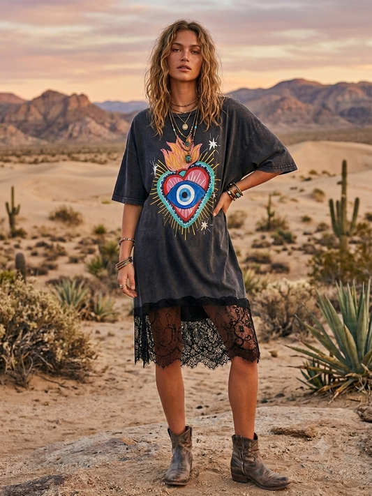 Eye Conic Lace Bottom Tee Dress OVERSIZED Fits a Small to 3X