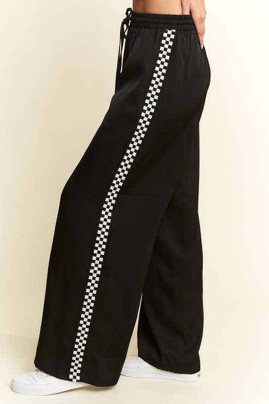 SOLID SATIN SWEATPANTS WITH SIDE CHECKERBOARD TAPE: Black