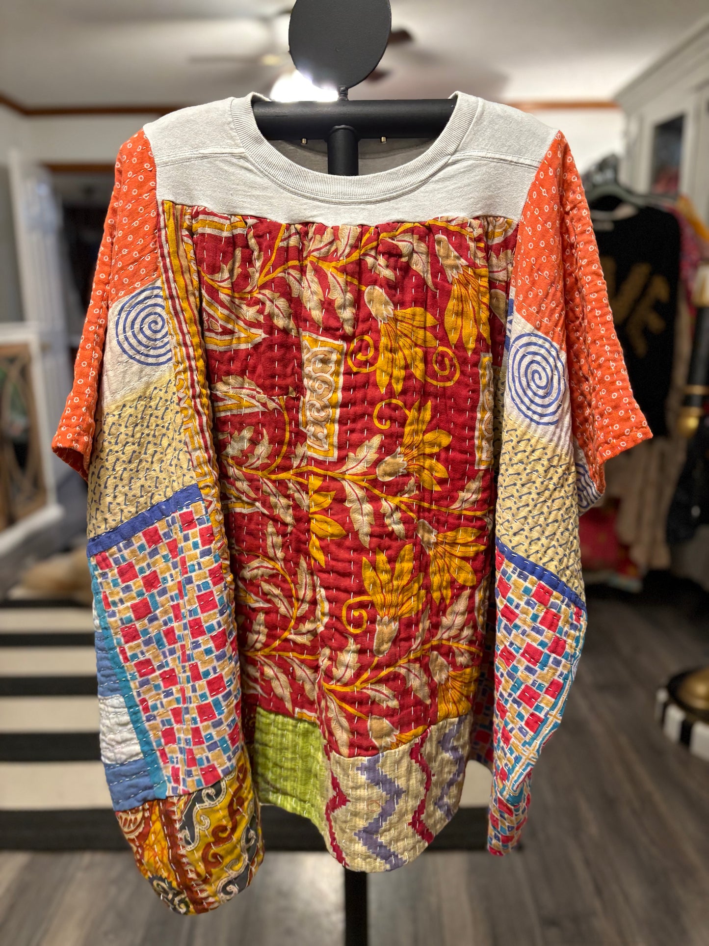 Lainey Upcycled Vintage Kantha ART Poncho Tee Fits A Size Small to 3X