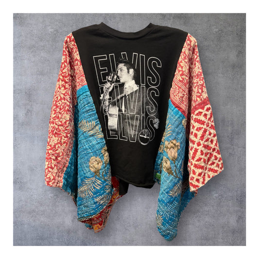 Elvis Upcycled Vintage Kantha Quilt Poncho Tee One Size Fits a Small to XXL