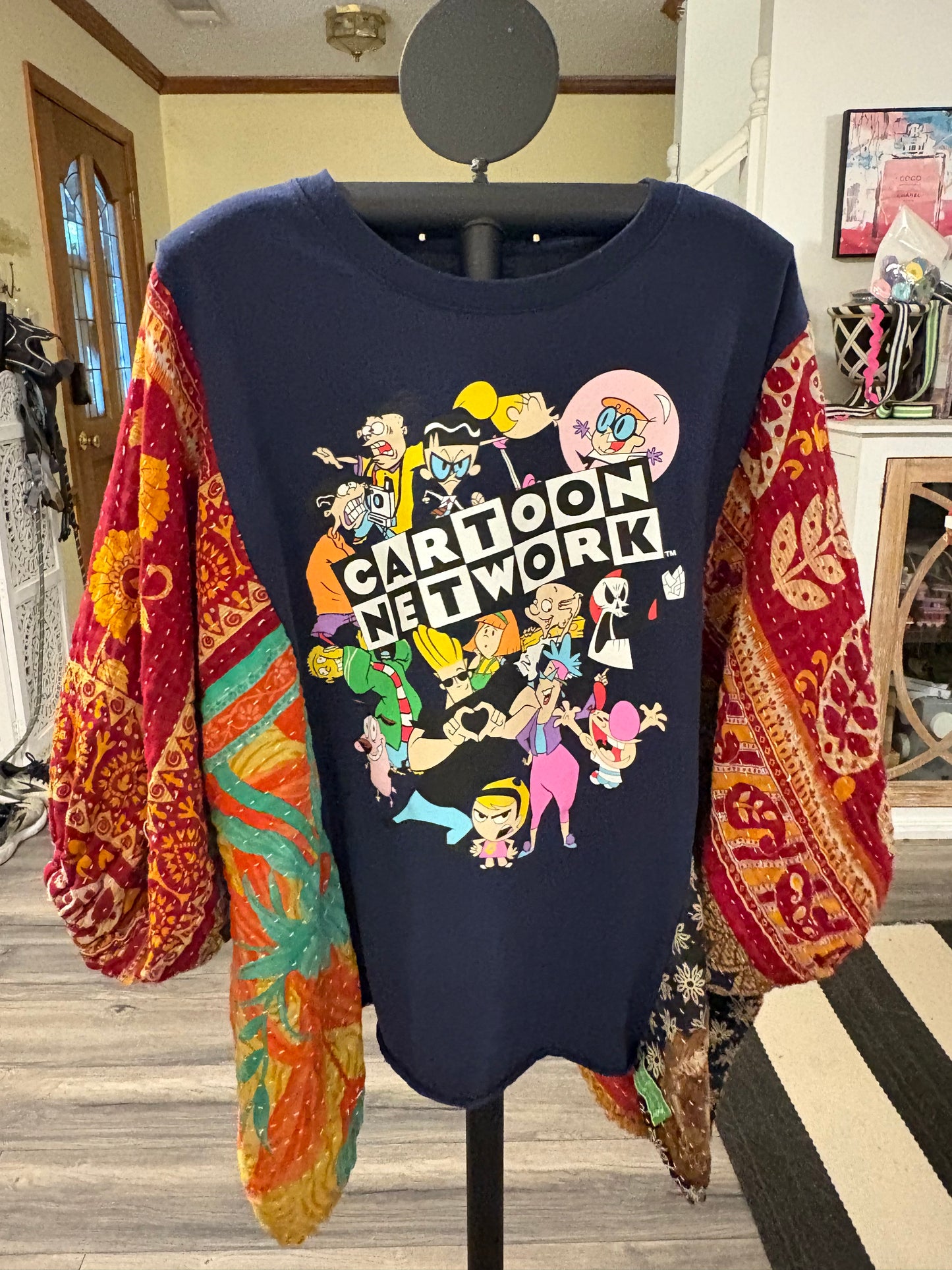 Cartoon Network Upcycled Kantha Puff Sleeve Top Fits a Small to 2X Super Oversized