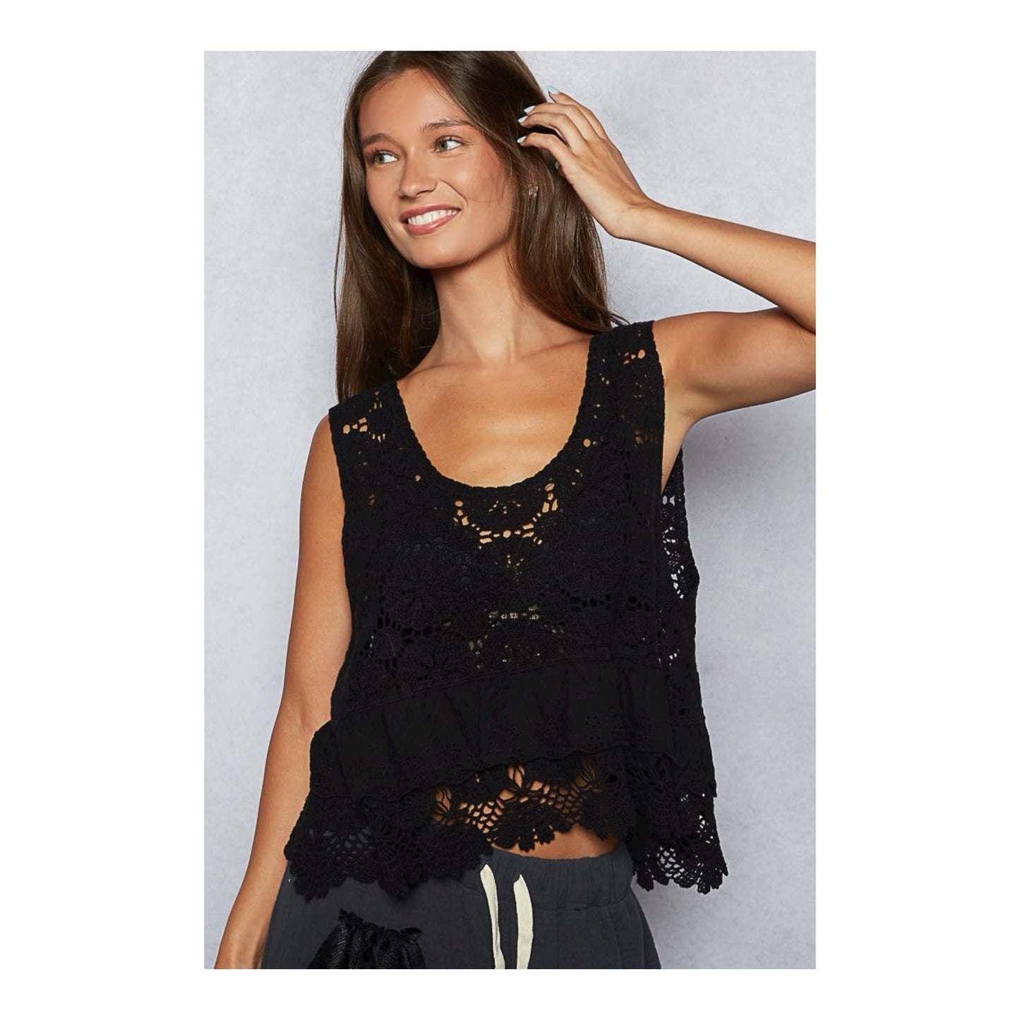 Black Swan Crochet Ruffle Embroidered Crop Top One Size Fits a Small to XL (2-16)