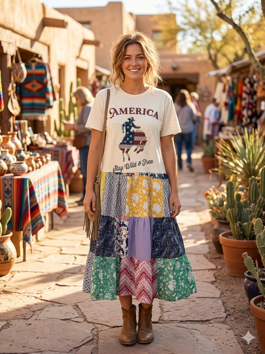 America Wild and Free Upcycled Patchwork Dress One Size Fits a Small to XL