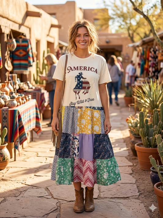 America Wild and Free Upcycled Patchwork Dress One Size Fits a Small to XL
