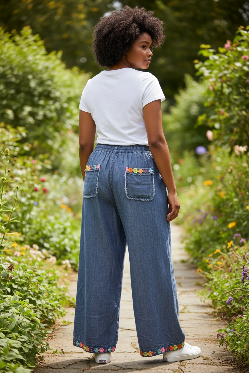 Flower Power Upcycled Wide Leg Denim Pants Size 2X (16/18)