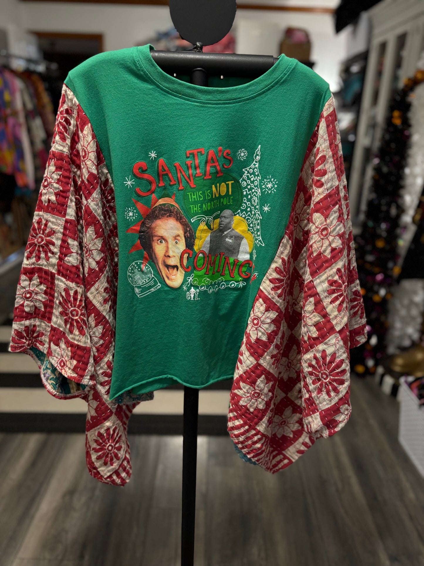 Santa’s Coming Vintage Kantha Quilt Poncho Tee One Size Fits a Small to XXL