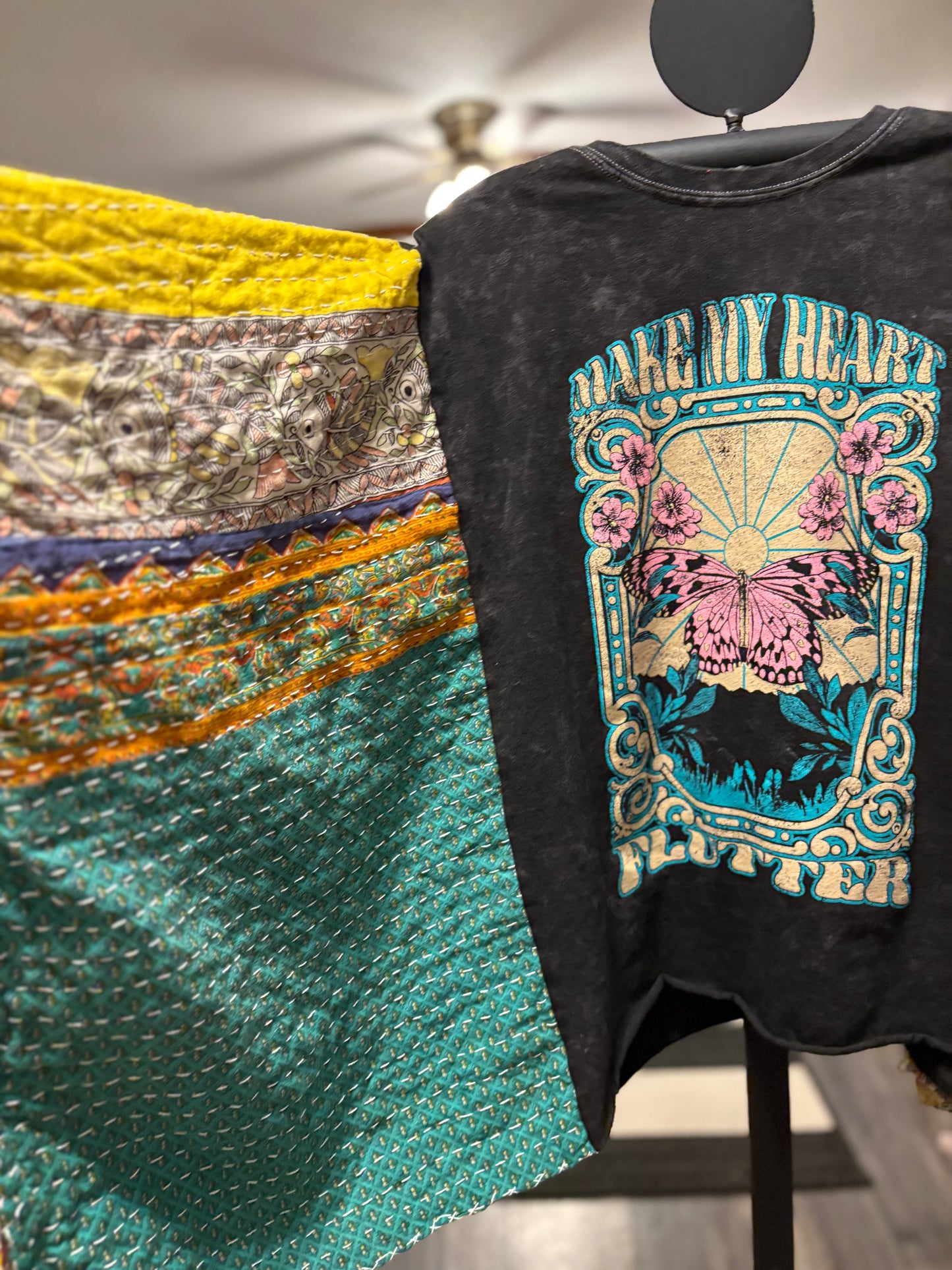 Flutter Upcycled Vintage Kantha Poncho Tee Fits A Size Small to XXL