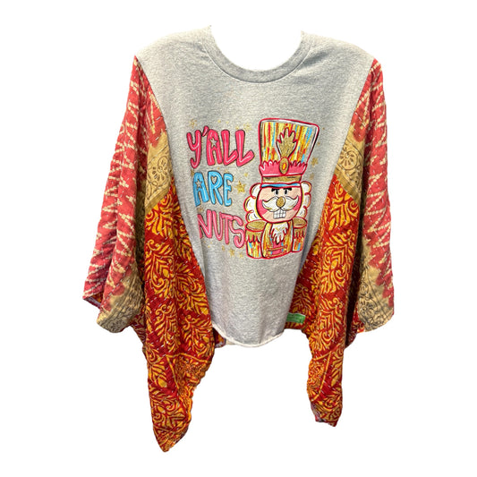 Yall Are Nuts Upcycled Vintage Kantha Poncho Tee Fits A Size Small to XXL