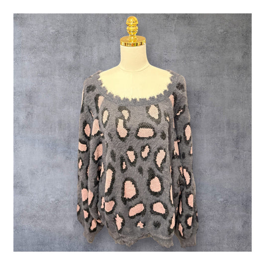 Gray Fuzzy Cheetah Sweater Plus Size