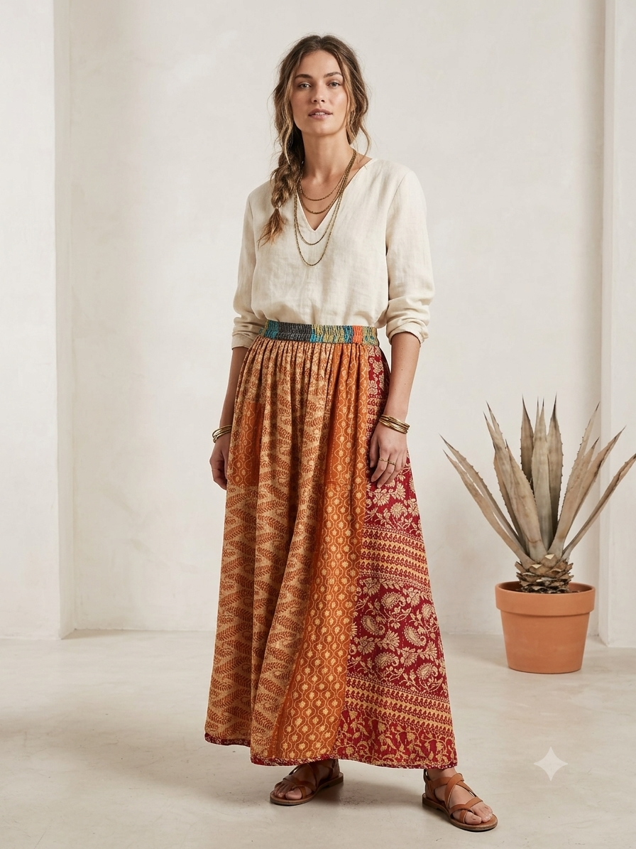 Cathy Women Vintage Kantha Quilt Cotton Reversible Skirt One Size Fits Size 4-16