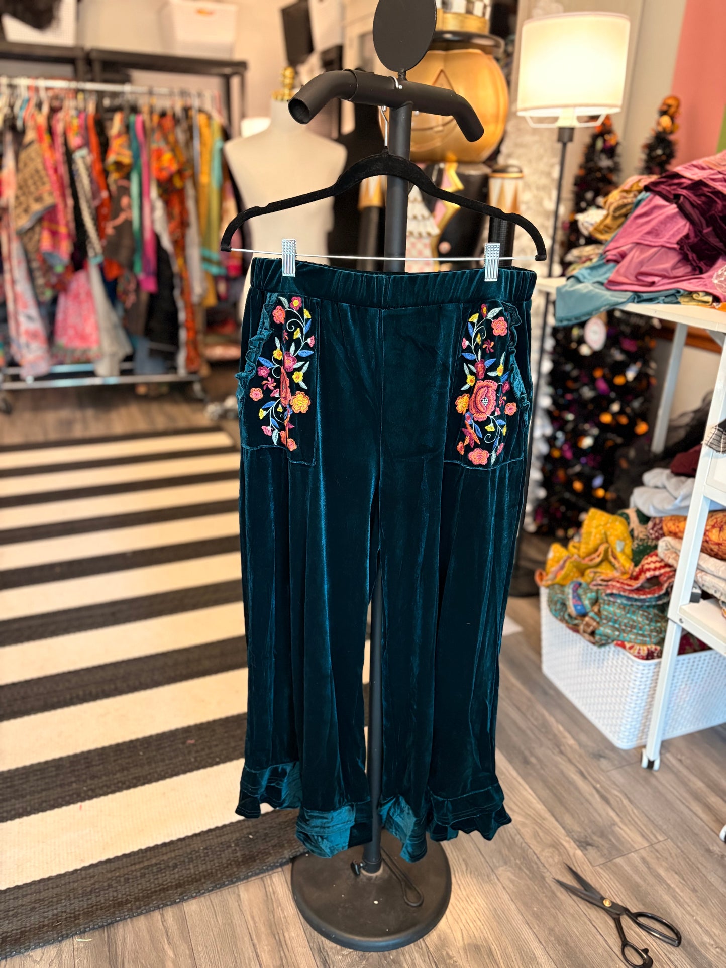 Teal Embroidered Velvet Ruffled Bottom Pants