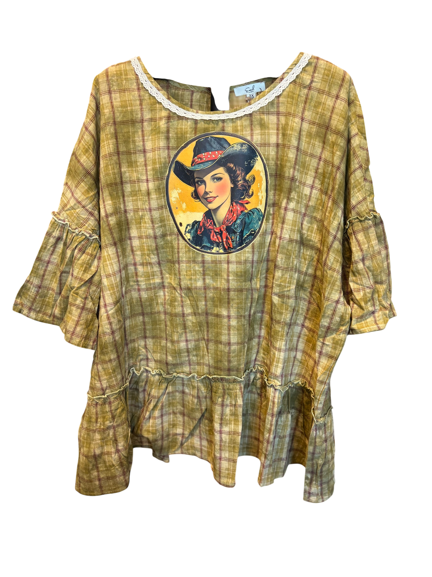 Prairie Girl Upcycled Ruffle Plaid Top OVERSIZED Fits a 2-3X