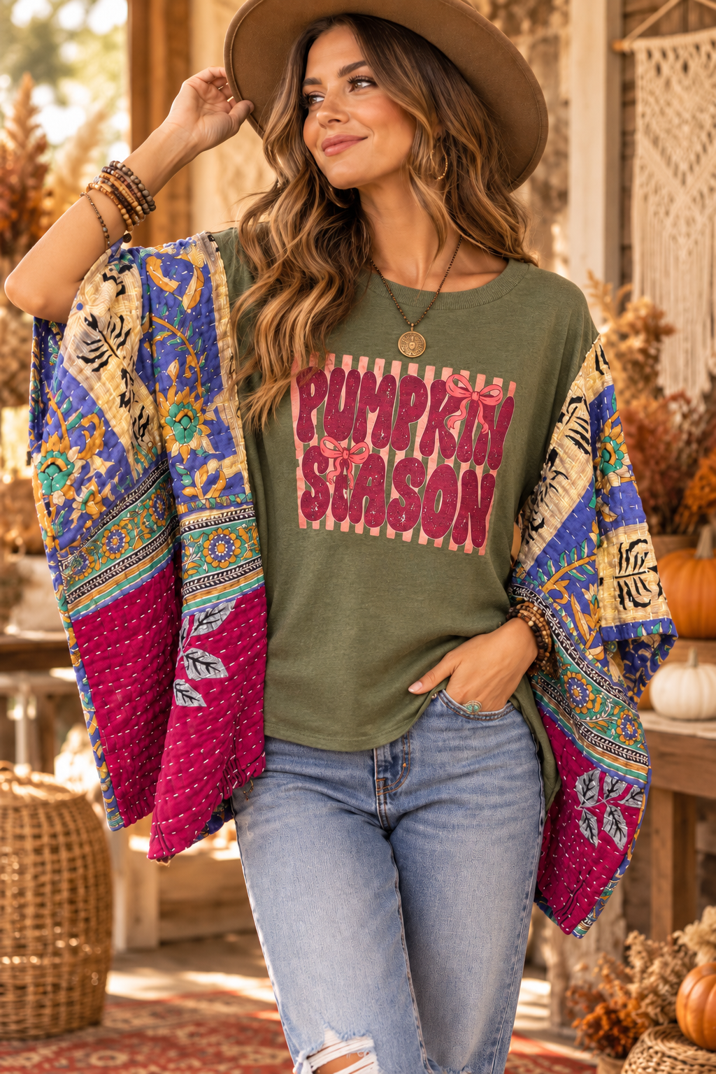 Pumpkin Season Vintage Kantha Poncho One Size Fits a Small Large Petite Length