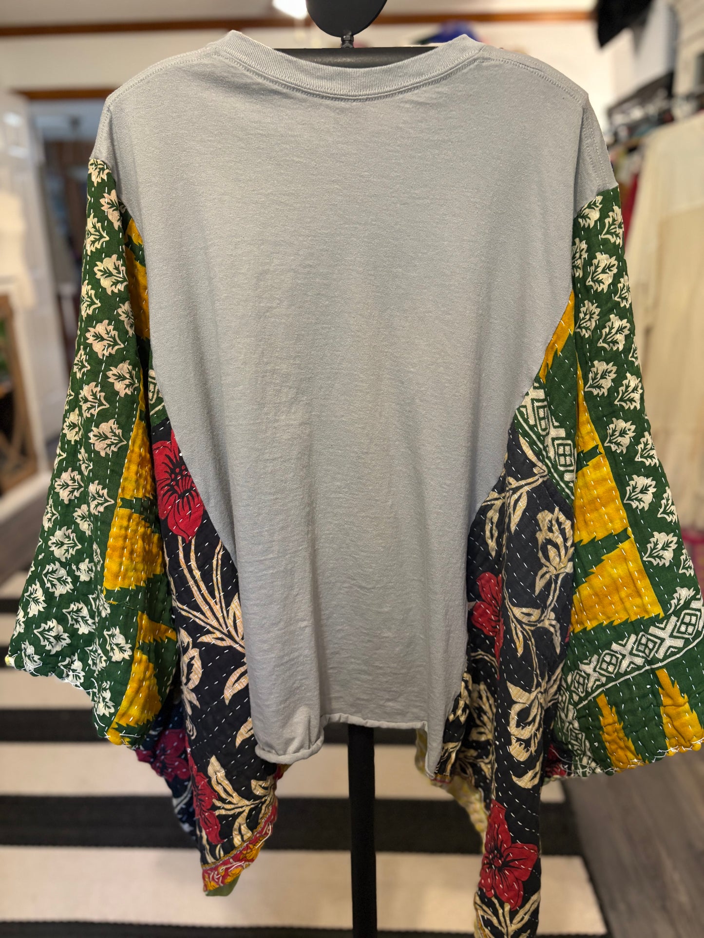 Green Day Upcycled Vintage Kantha Poncho Tee One Size Fits a Large to 3X