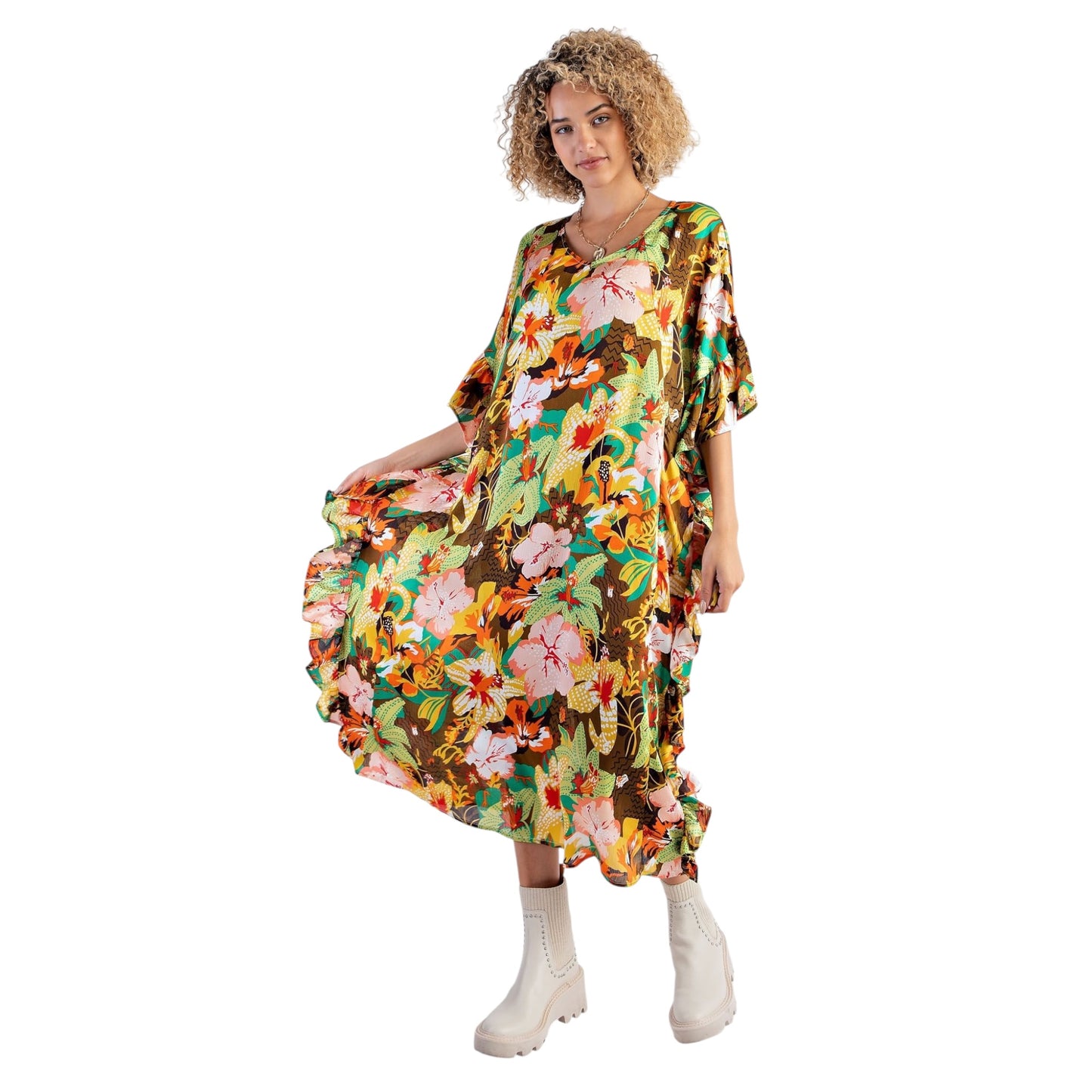 Tropical Ruffle Midi Dress