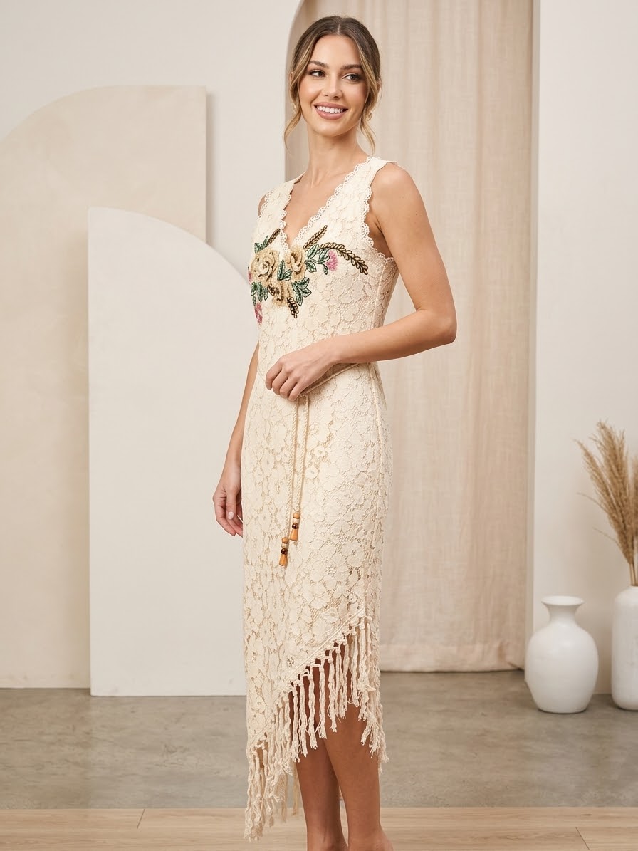 Midsummer Eve Hand Embroidered Crochet Lace Dress by Aratta M/L