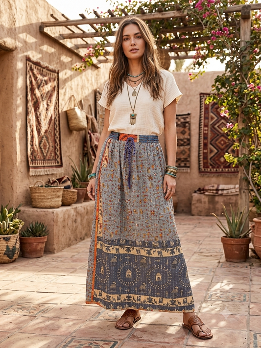 Suzy Women Vintage Kantha Quilt Cotton Reversible Skirt One Size Fits Size 4-16