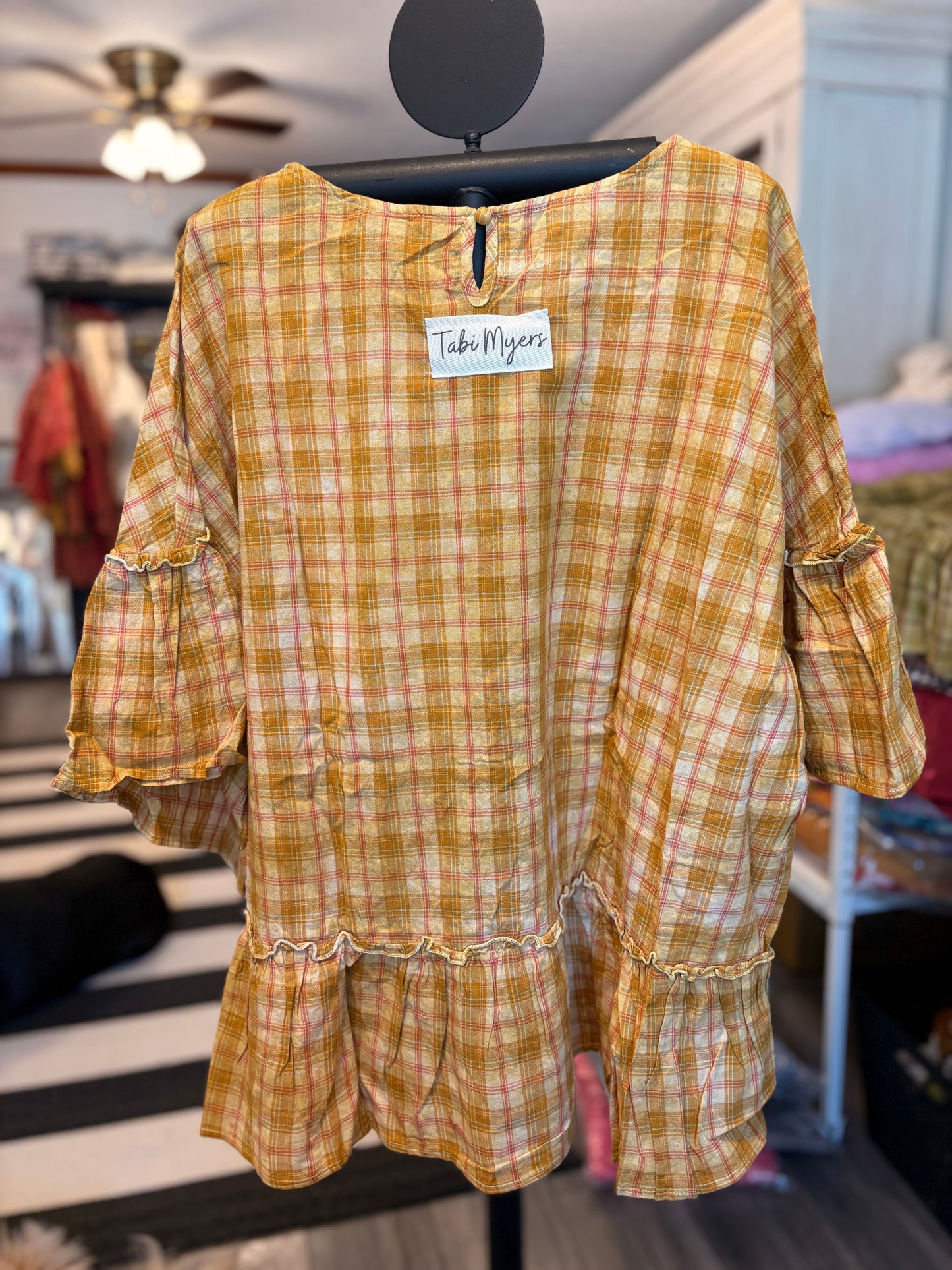 Rhinestone Cowgirl Upcycled Ruffle Plaid Top OVERSIZED Fits a 2-3X