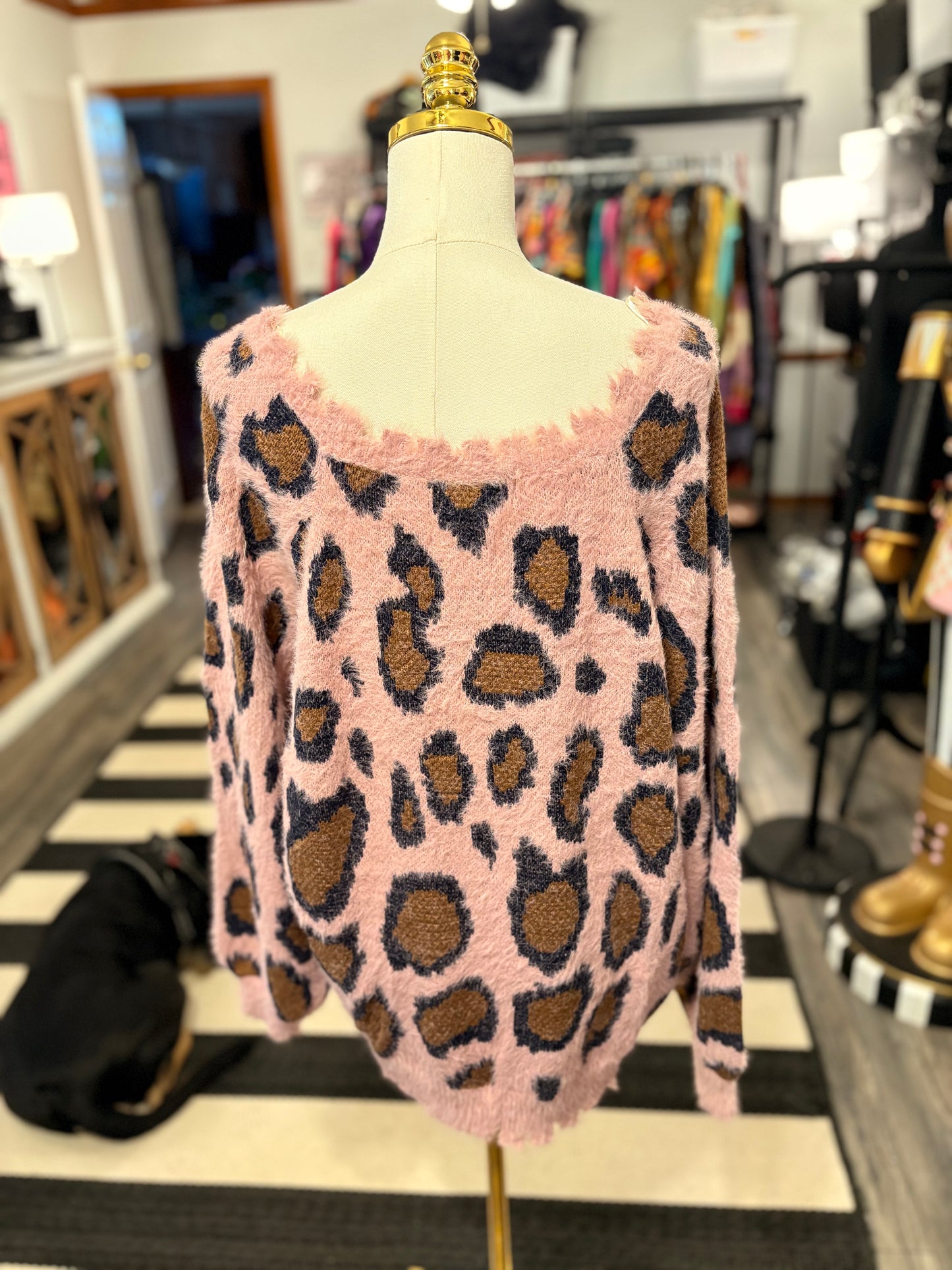 Dusty Pink Fuzzy Cheetah Sweater Plus Size