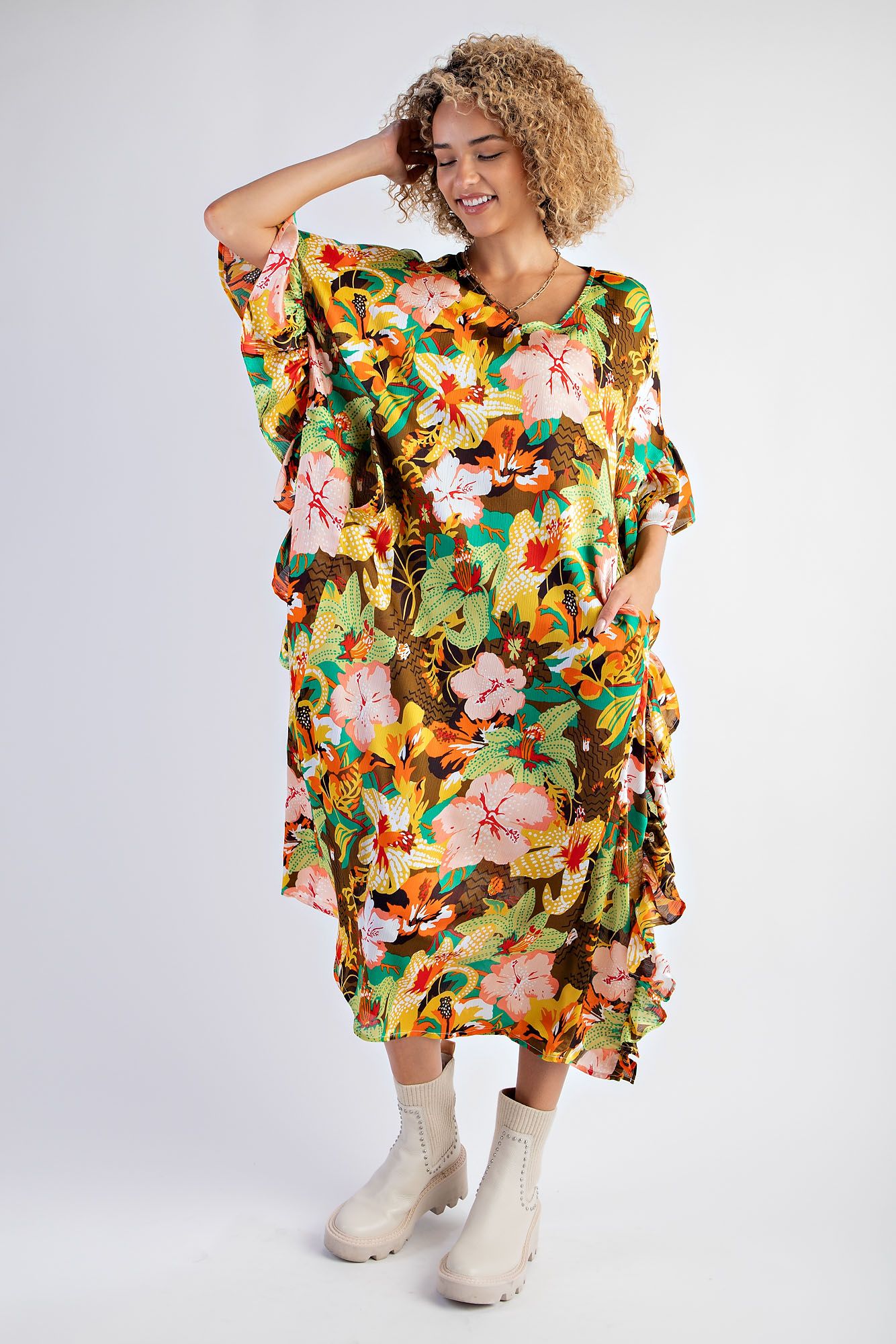 Tropical Ruffle Midi Dress