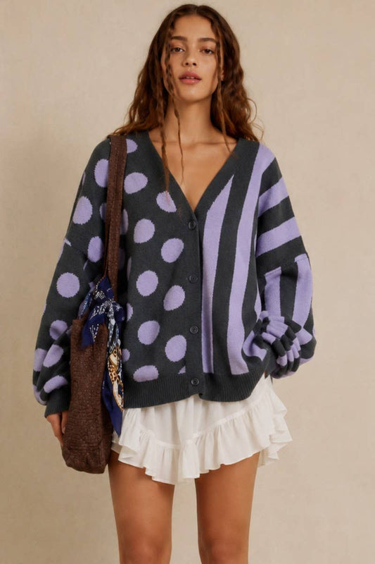 MIX DOT & STRIPE KNIT CARDIGAN: CHARCOAL/LAVENDER