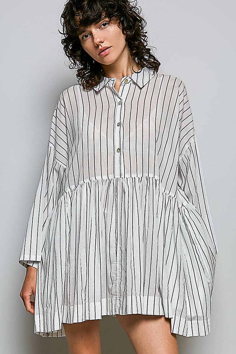 Striped Long Sleeve Collard Shirt Woven Dress : RED STRIPE / L