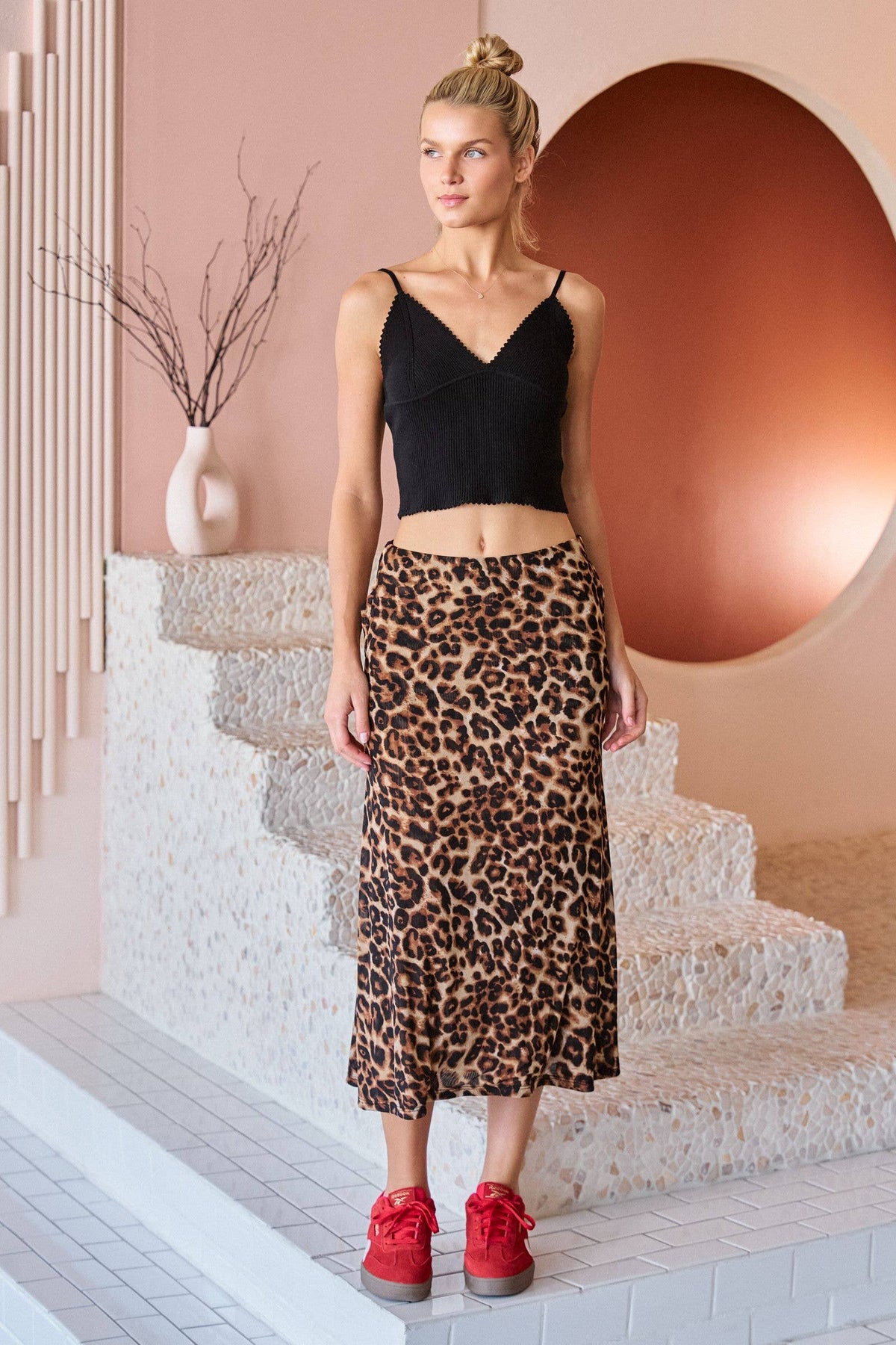 MESH LEOPARD PRINT SIDE SLIT MIDI SKIRT: Brown