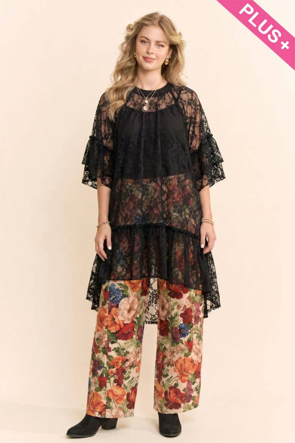 PT60110-PLUS SHEERED LACE TIERED SLEEVE FLOWY TUNIC TOP: Black / 1XL