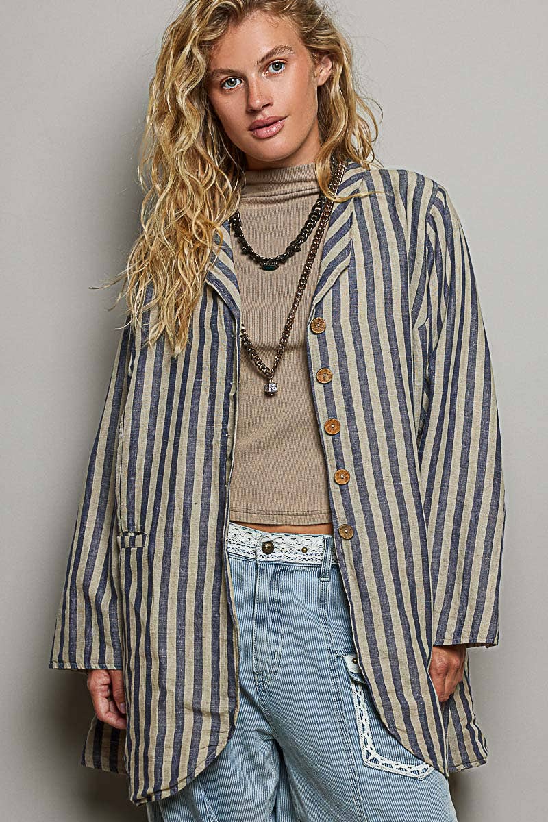 Stripe Pattern Asymmetrical Hem Lapel Style Woven Jacket: BLUE MULTI