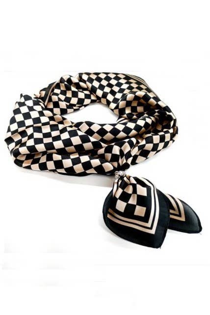 LARGE CHECKER PRINT SILKY FEEL BANDANA SCARF | 40SC692: Black
