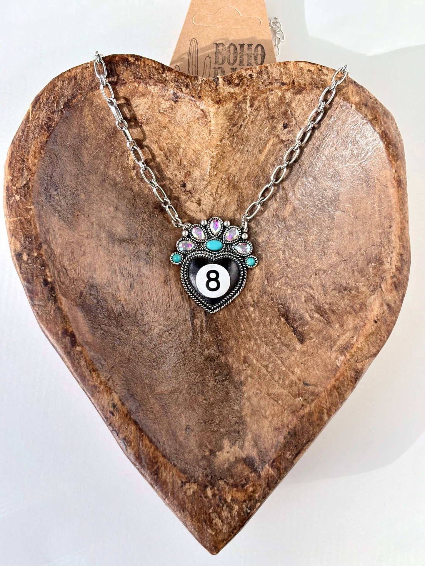 Western Style Magic 8 Heart Pendant Rhinestone Necklace: Black